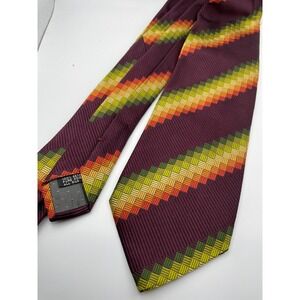 Vakko Mens Silk Tie Plum Purple Green Orange Geometric Diagonal Block Ribbed